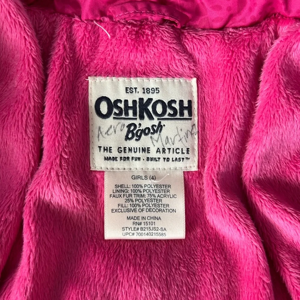 OshKosh Bgosh Girls Hot Pink Faux Fur Trim Hooded Puffer Jacket Coat Size‎ 4